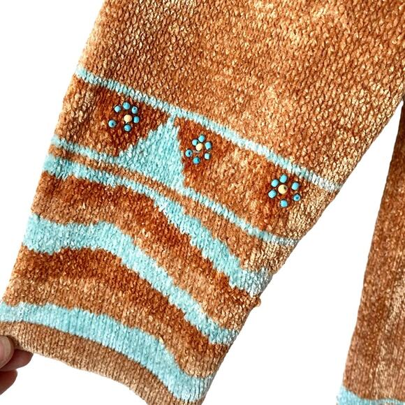Sweater Sweater Chenille Cardigan Sweater Western Boho Navajo Tan Turquoise - Picture 4 of 9